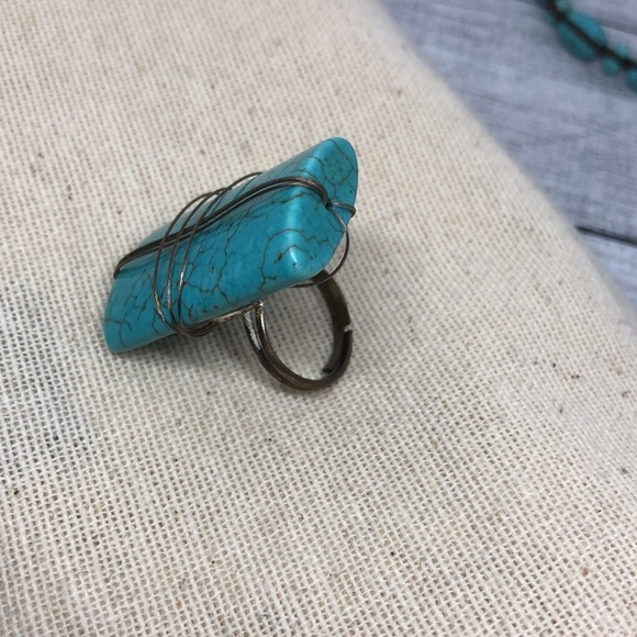 Artisan handmade reconstructed turquoise statement ring and bracelet boho - Picture 5 of 7